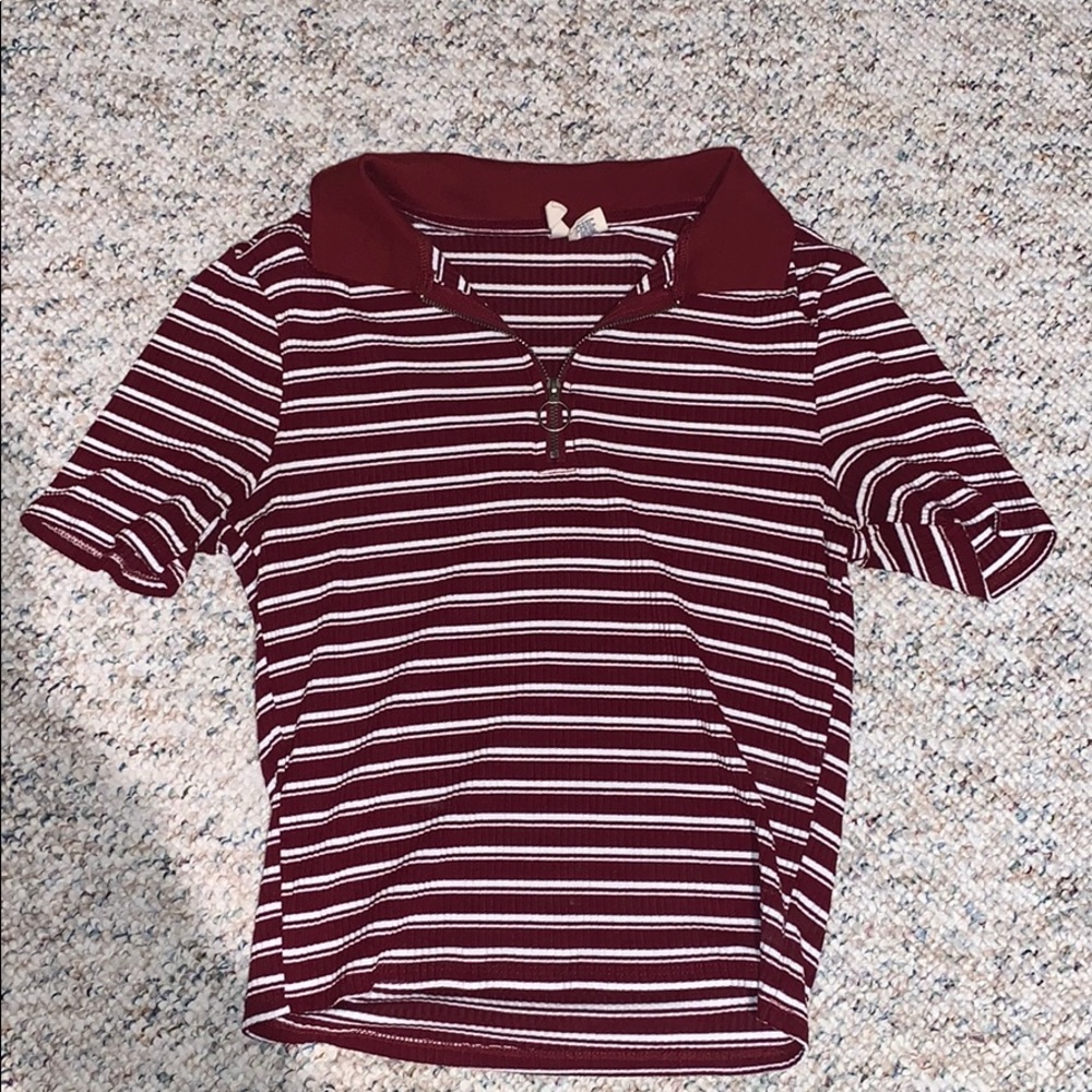 Half-zip maroon white striped t-shirt